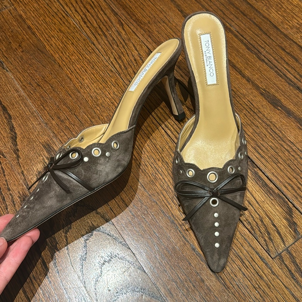 Tony Bianco Brown Suede Pointed Toe Mules with Eyelet Detail